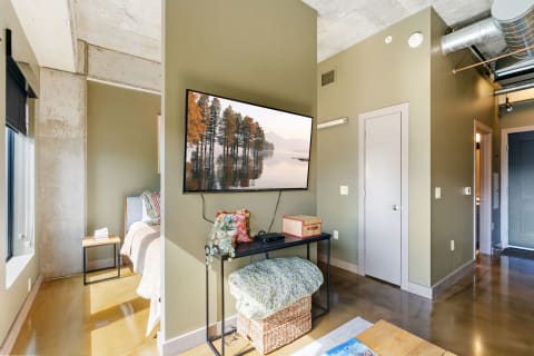 Interior of a modern apartment with a bed, TV, and decorative elements.