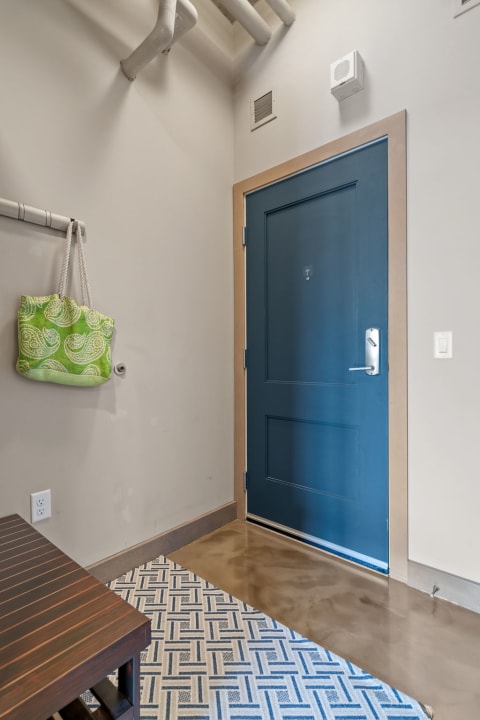Contemporary entryway with a blue door and decorative elements.
