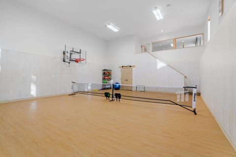 Indoor sports area with basketball hoop, exercise equipment, and a badminton net.
